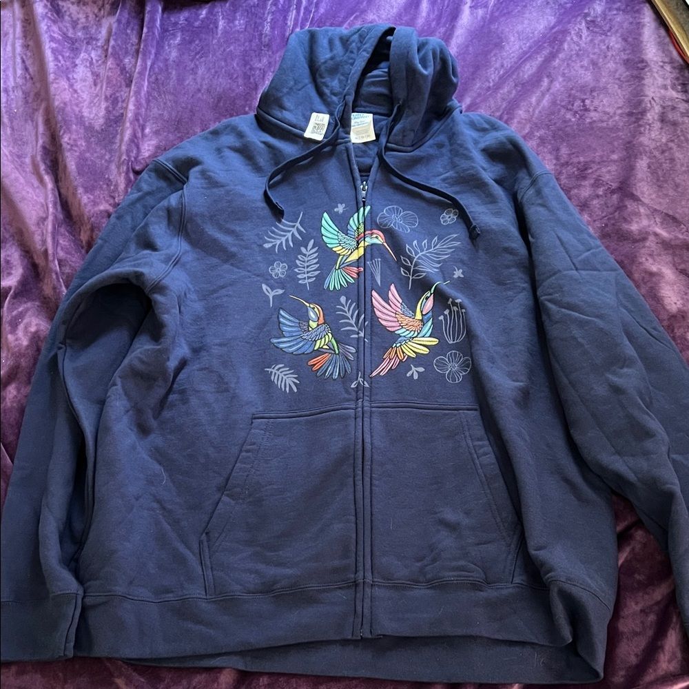 Navy Hummingbird Hoodie Pocket Front Zip Up (Men’s XL)